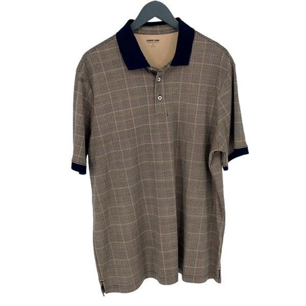Lands End Mens Short Sleeve Traditional Fit Window Pane Plaid Polo Shirt Tan Blu